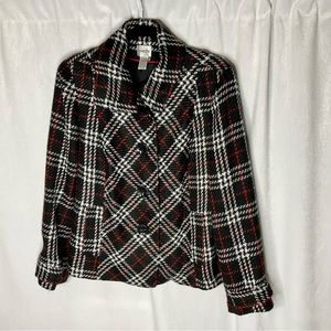 Chico’s Plaid Tweed Coat Red Black White Buttons Size 2/Large